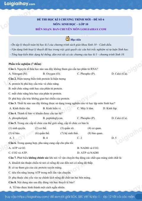 Đề thi học kì 1 Sinh 10 Cánh diều - Đề số 6